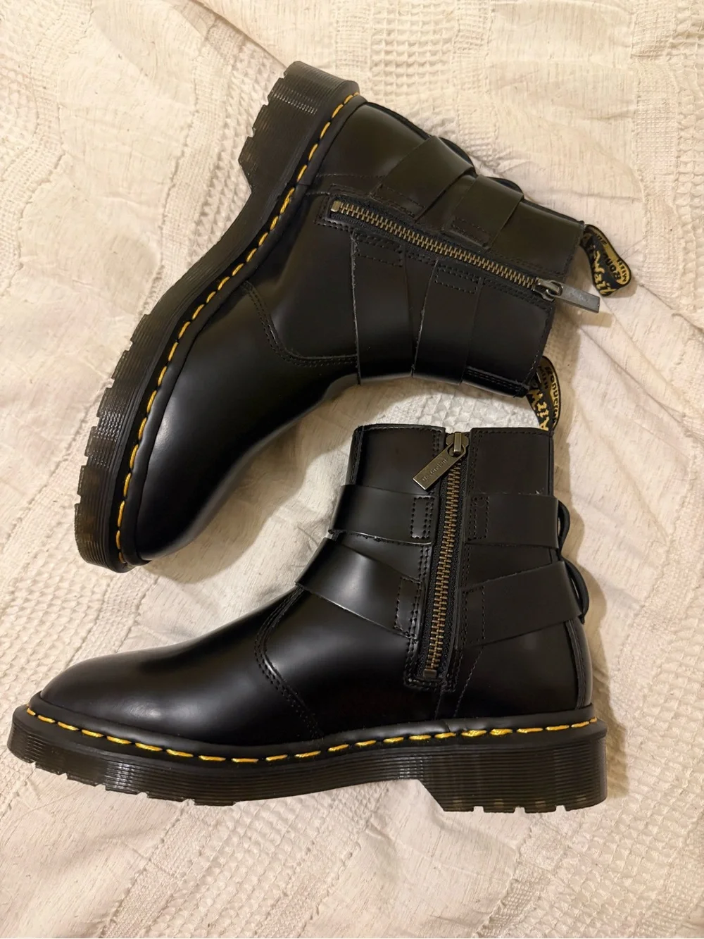 Dr. Martens Black Leather Harness Boots with Yellow Welt Stitching